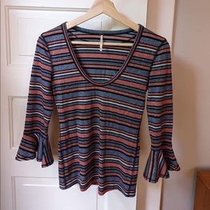 Free People Bell-Sleeve Striped Shimmer Top